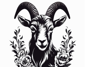 Goat Clip Art Illustration, farm animal with flowers printable stencil, logo, design, decal, logo, tattoo, cricut, woodburning, diy, png svg