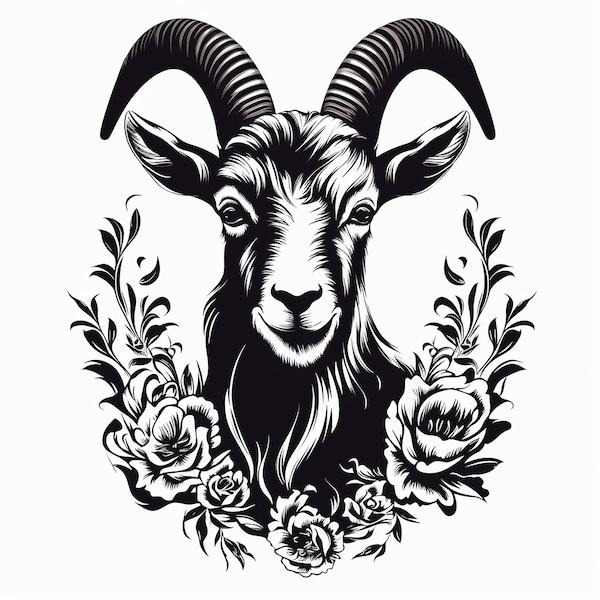 Goat Clip Art Illustration, farm animal with flowers printable stencil, logo, design, decal, logo, tattoo, cricut, woodburning, diy, png svg