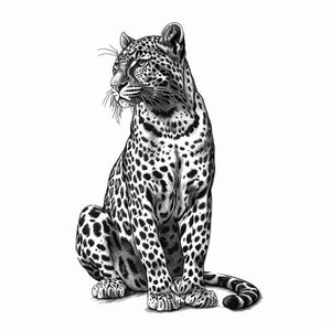 May include: A black and white illustration of a leopard sitting with its head turned to the side. The leopard has a spotted coat and a long tail.
