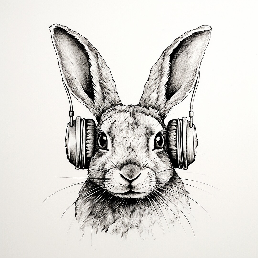 Rabbit Wearing Headphones Clip Art Illustration. Fine Line Pencil ...