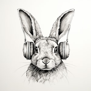 Rabbit wearing Headphones Clip Art Illustration. Fine Line Pencil Drawing wildlife animal design, printable stencil tattoo decal decor