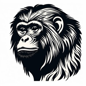 May include: Black and white illustration of a monkey's head with a serious expression.