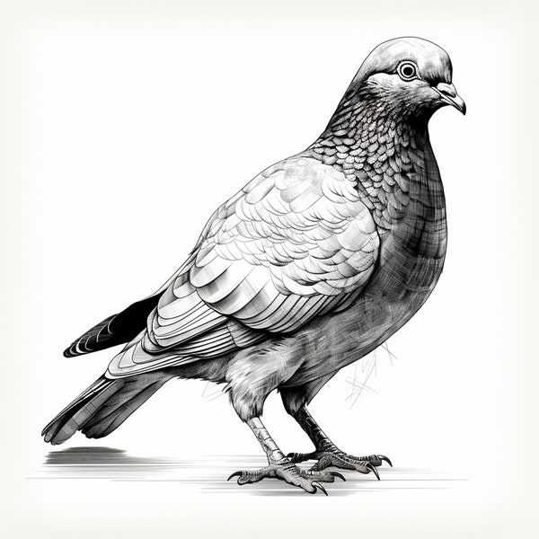 Pigeon Clip Art Illustration, portrait d'oiseau imprimable, pigeon réaliste de dessin au trait fin, coloriage, décalcomanie, pochoir, autocollant, logo