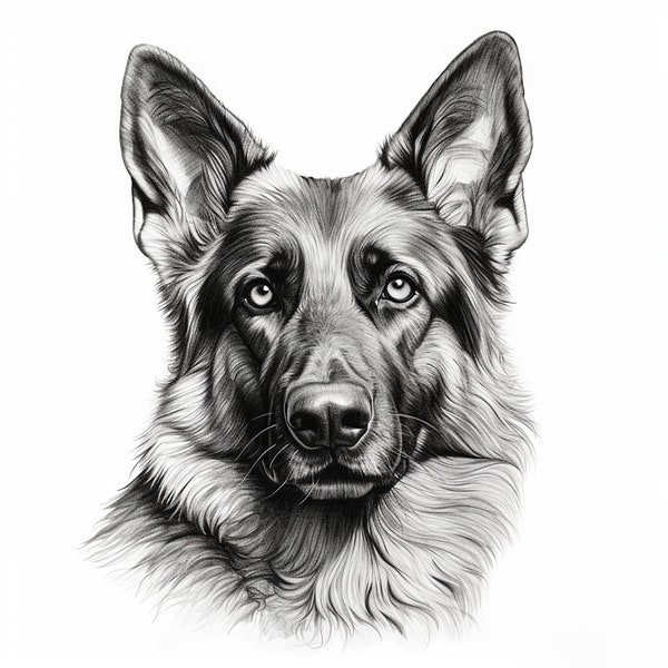 German Shepard Pet Portait, Printable Dog Photograph, Fine Line Drawing Clip Art, tattoo stencil sticker logo decal