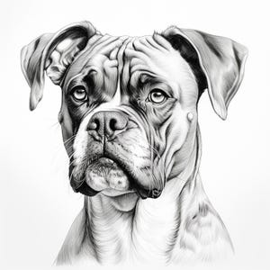 Puede incluir: Dibujo detallado en blanco y negro de la cabeza de un perro Boxer. El perro tiene la cara arrugada, orejas caídas y una mirada concentrada. La obra de arte resalta los rasgos del perro con sombreado y líneas finas, creando un retrato realista.