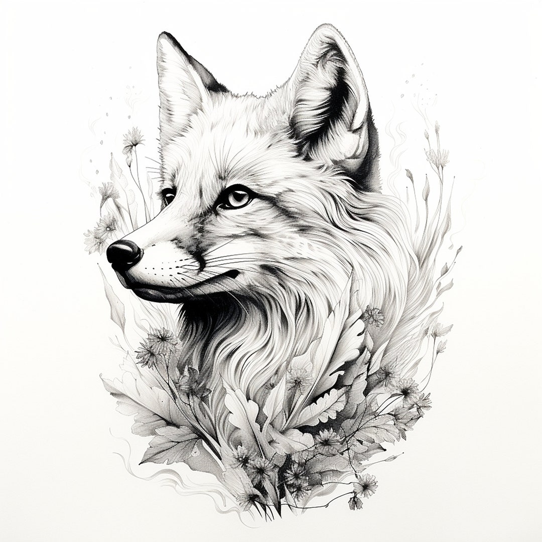 Fox Fine Line Wildlife Portrait, Pencil Drawing Realistic Animal