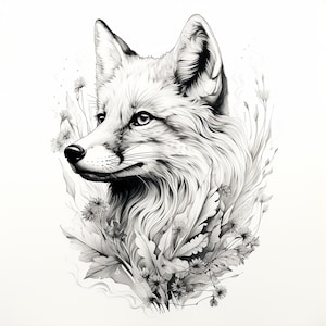 Fox Fine Line Wildlife Portrait, Pencil Drawing Realistic Animal Design, Printable Coloring Page