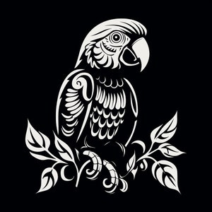 Parrot Simple Black LIne and Leaves Clip Art, Printable wildlife bird illustration for sticker, stencil, logo, tattoo, wall decor, decal