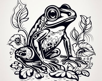 カエルの黒い線画：野生動物のステンシル、デカール、ロゴ（デジタル