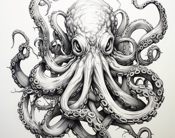 May include: Detailed black and white illustration of an octopus. The octopus is centered, with its large head and multiple tentacles extending outwards. The tentacles are covered in suckers, and the image has a realistic, artistic style.