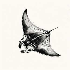 Könnte beinhalten: Eine Schwarzweißillustration eines Mantarochens mit einem gepunkteten Muster. Der Rochen schwimmt mit ausgebreiteten Flügeln.