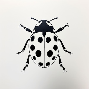 May include: Black and white silhouette of a ladybug with black spots on a white background.