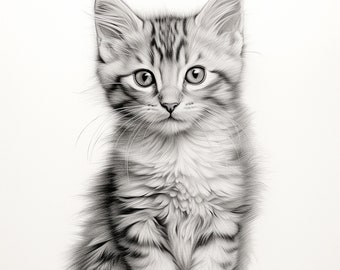 May include: A black and white pencil drawing of a cute, fluffy kitten sitting and looking directly at the viewer.