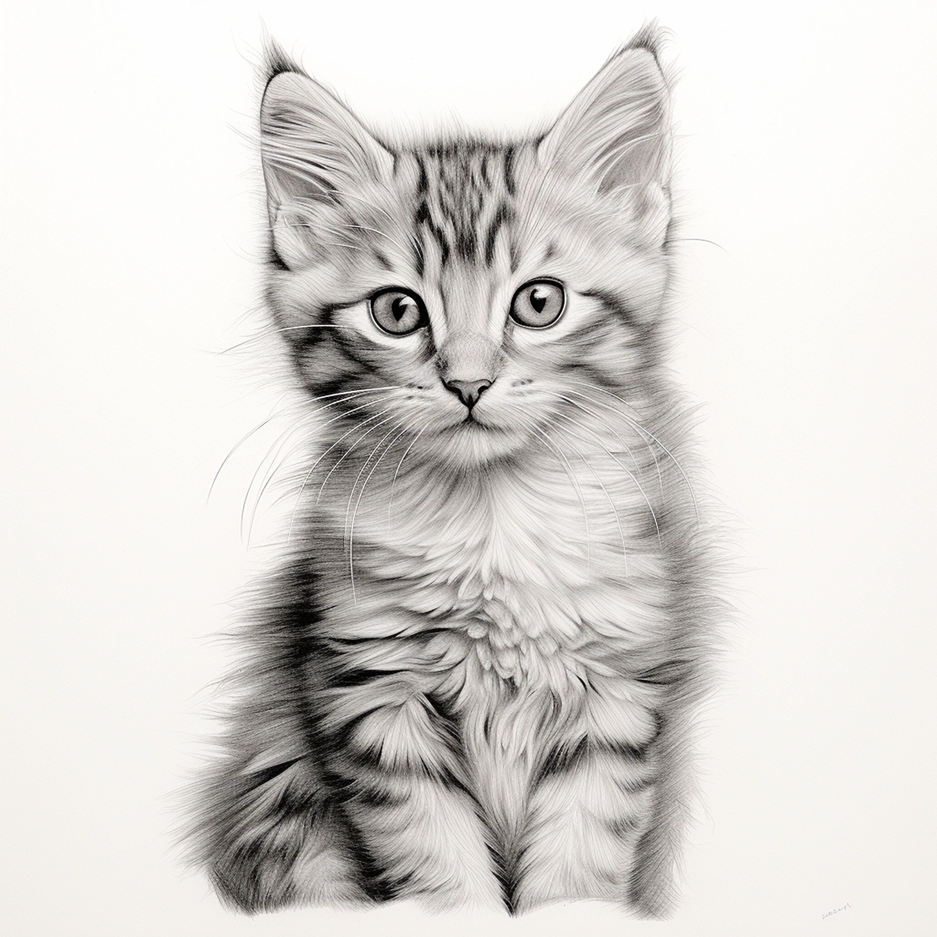 Kitten Pencil Sketch: Fine Line Cat Portrait (Digital Download), image size:3000x3000