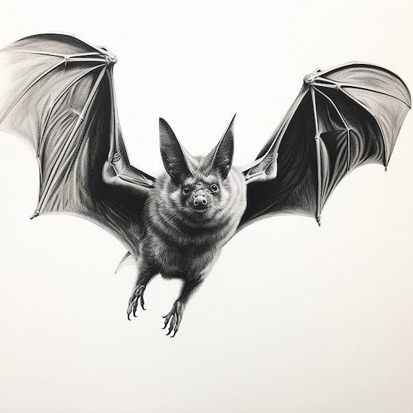 Flying Bat Fine Black Line Illustration, Printable wildlife animal images for commercial sticker, stencil, logo, tattoo, wall decor, DIY