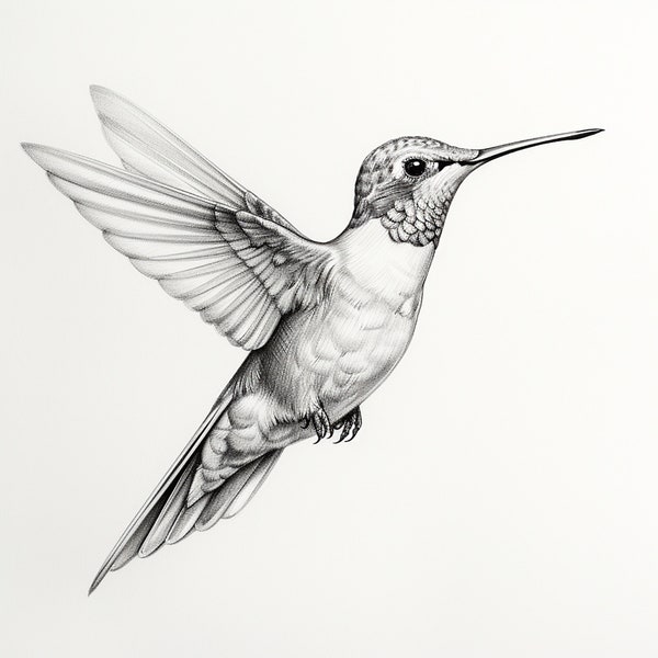 Colibri Fine Line Clip Art Illustration, portrait d'oiseau, dessin animalier réaliste au crayon, sticker imprimable, autocollant, pochoir, logo