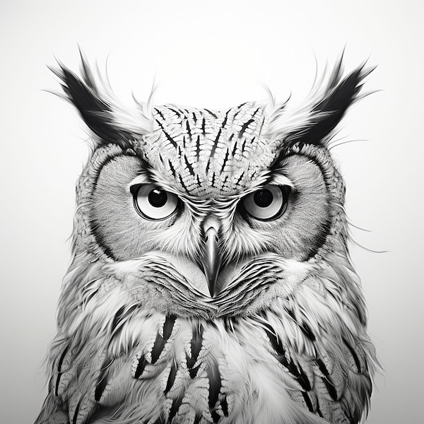 Owl Fine Line Pencil Wildlife Animal Portrait, Printable commercial bird image for sticker, stencil, logo, tattoo, DIY, wall decor