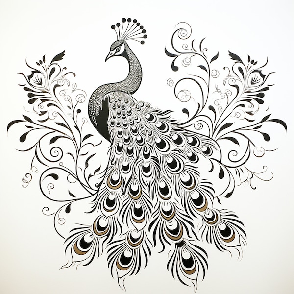 PAON - Belle création clipart au trait noir. Longue queue à plumes avec dessin abstrait. TÉLÉCHARGEMENT IMMÉDIAT Tatouage unique, pochoir, Cricut, sticker