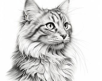 Siberian Cat Pet Portrait, beautiful fluffy cat drawing, printable clip art for coloring page, decor, stencil, sticker, logo, decal, cricut