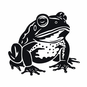 May include: Black and white silhouette of a frog with large eyes and a bumpy texture.