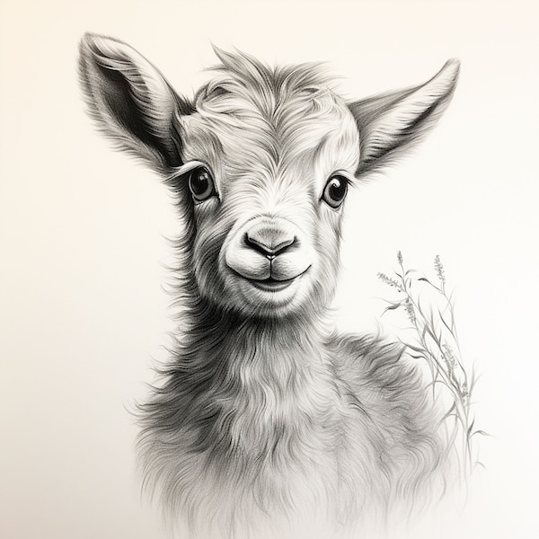 Baby Goat Fine Line Pencil Drawing, Printable commercial farm animal realistic image for sticker, stencil, logo, tattoo, wall decor