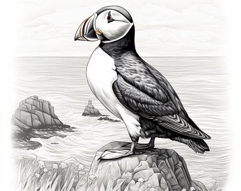 Puffin Wildlife Portrait, Bird Clip Art Illustration, printable fine line drawing for coloring page, sticker, logo, decal, tattoo
