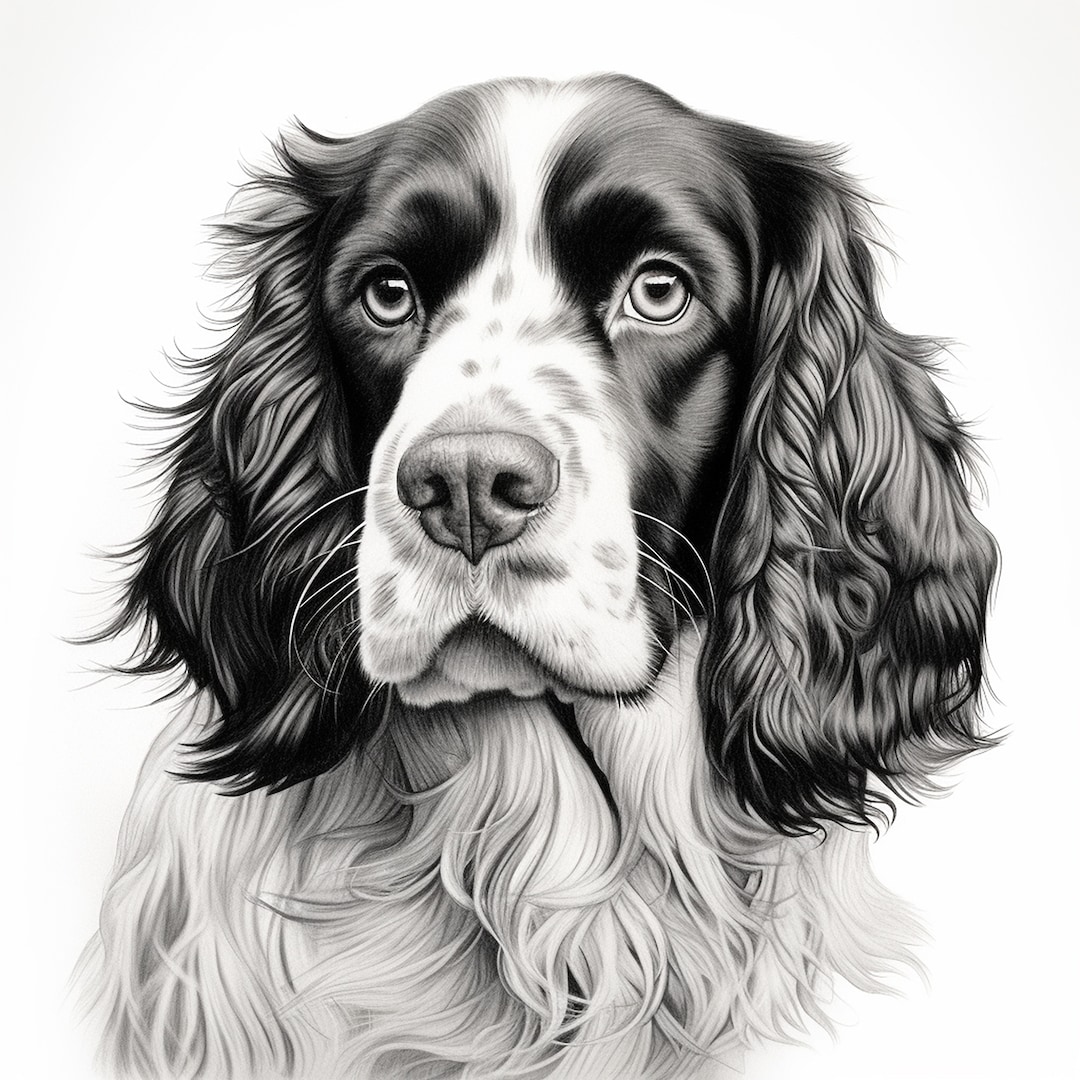 English Springer Fine Line Realistic Pet Portrait, Printable Dog Clip Art for Sticker, Stencil