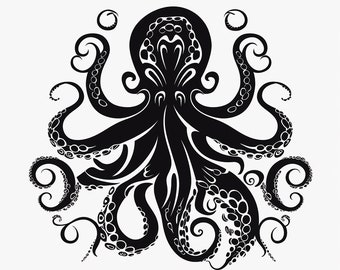 May include: Black and white silhouette of an octopus with eight tentacles. The octopus is stylized with intricate details and swirls.