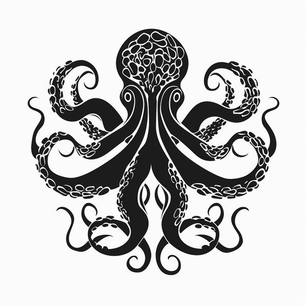 Mythylogical Octopus Kraken Clip Art, Abstract Black Line Stencil Sticker Logo Tattoo