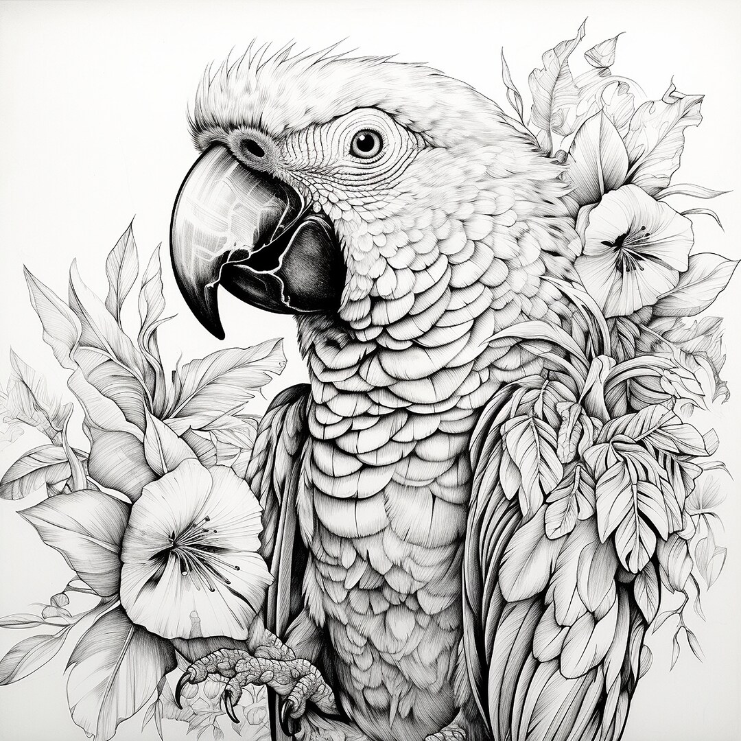 Parrot Fine Line Coloring Page Illustration, Printable Bird and Flower Black Line Drawing, Pet Portrait Sticker Stencil Logo Tattoo - Etsy