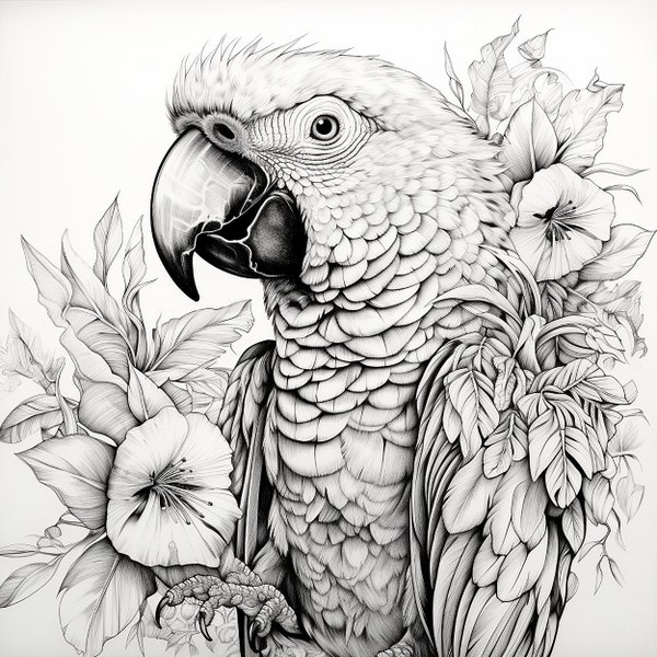 Parrot Fine Line Coloring Page Illustration, printable bird and flower black line drawing, pet portrait sticker stencil logo tattoo