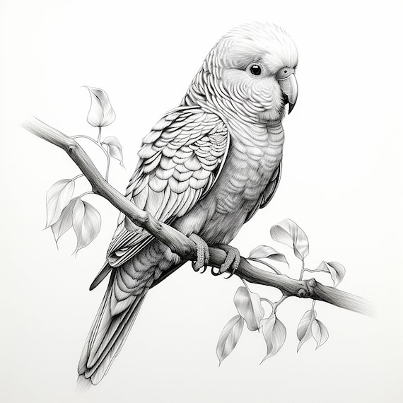 セキセイインコの細線肖像画：ステンシル、ロゴ、タトゥー（デジタル