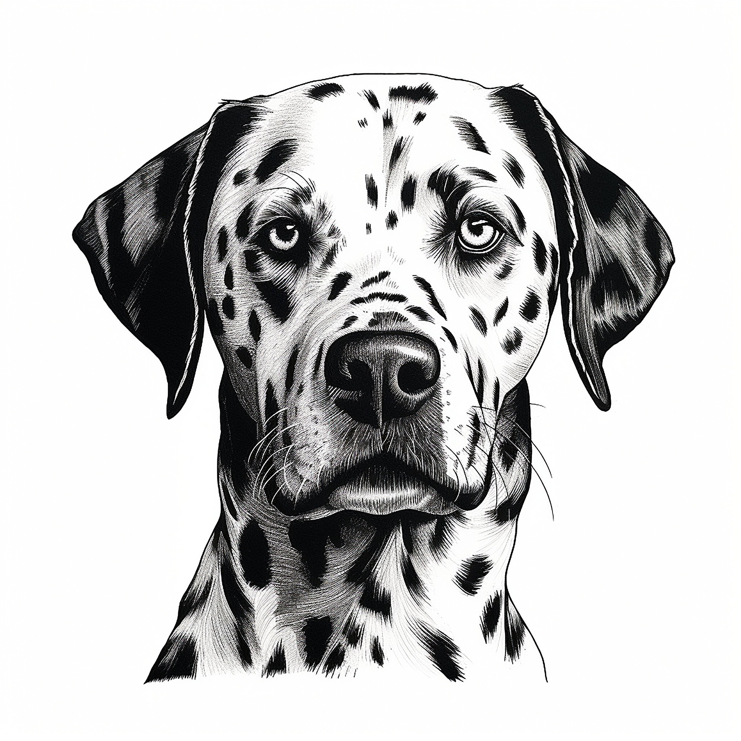 ダルメシアン犬の肖像画イラスト：黒線画（デジタルダウンロード