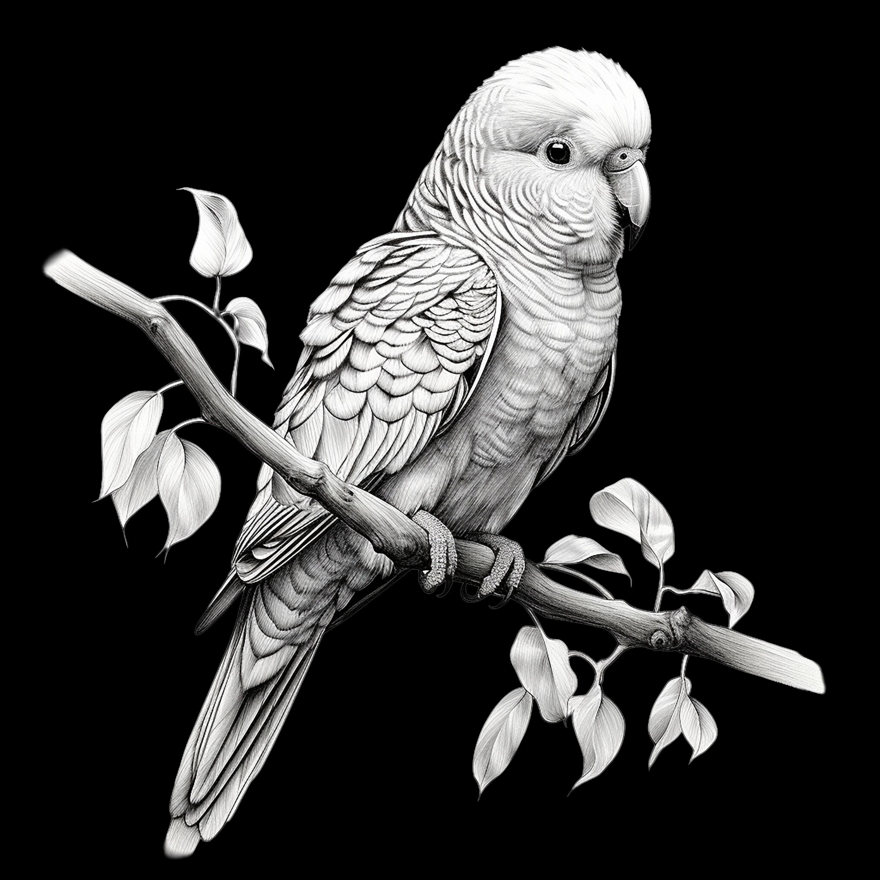 セキセイインコの細線肖像画：ステンシル、ロゴ、タトゥー（デジタル