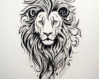 Arte lineal abstracto de león: Diseño de vida silvestre negra (Descarga digital)