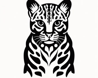 Ocelot Clip Art, afdrukbare wilde kat dierenafbeelding voor sticker, stencil, logo, tatoeage, houtverbranding, cricut, t-shirt, kunst aan de muur, diy cadeau idee