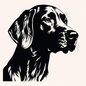 May include: Black and white illustration of a dog's head, looking to the right. The dog has a long snout and floppy ears.
