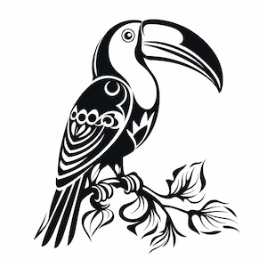 Toucan Bird Clip Art Illustration, black and white wildlife animal design, printable decal for wall decor, stencil, sticker, logo