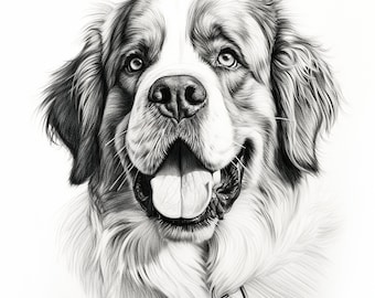 St. Bernard Fine Line Pet Portrait, Printable dog clip art for tattoo, sticker, stencil, wall decor