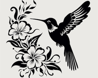 Hummingbird Floral Border Clip Art: Stencil, Logo, Tattoo (PNG, JPEG)