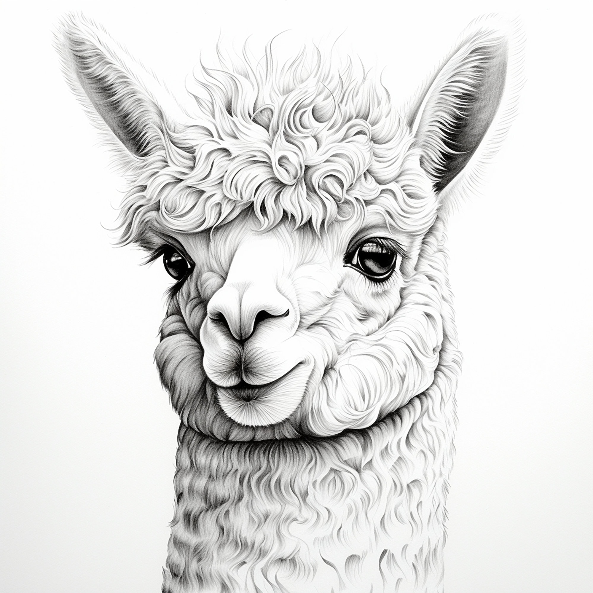 Alpaca Fine Line Portrait, Printable realistic farmhouse animal illustration for sticker, stencil, logo, tattoo, woodburning, cricut, diy
