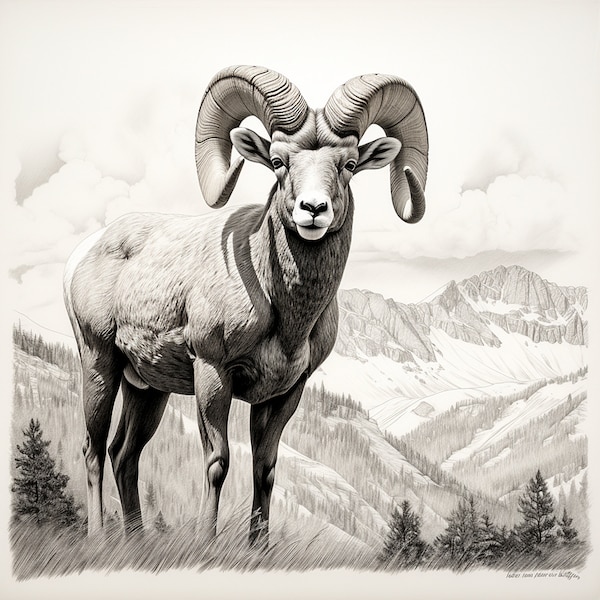 Bighorn Sheep Clip Art Illustration, printable wildlife animal portrait for coloring page, sticker, stencil, tattoo, wall decor