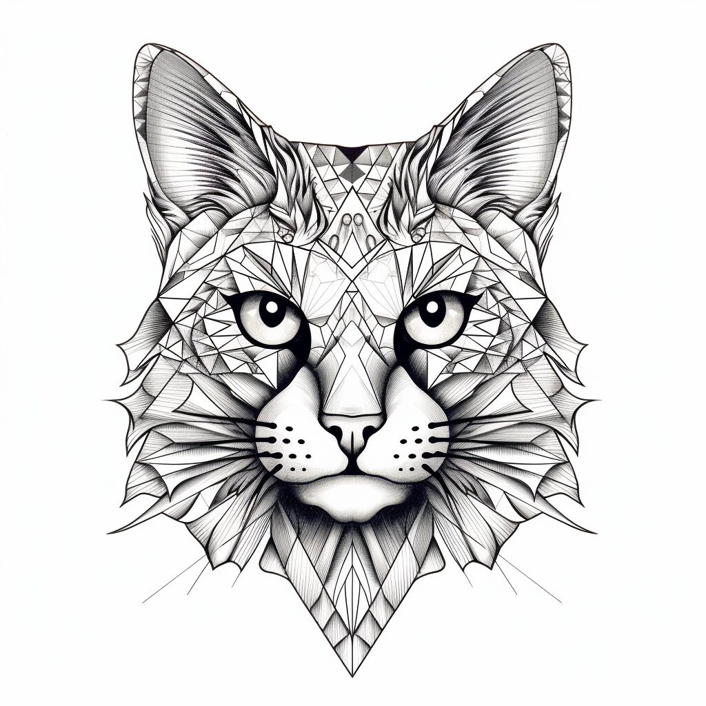 Geometric Fine Line Cat Coloring Page, Abstract Pet Portrait Clip Art