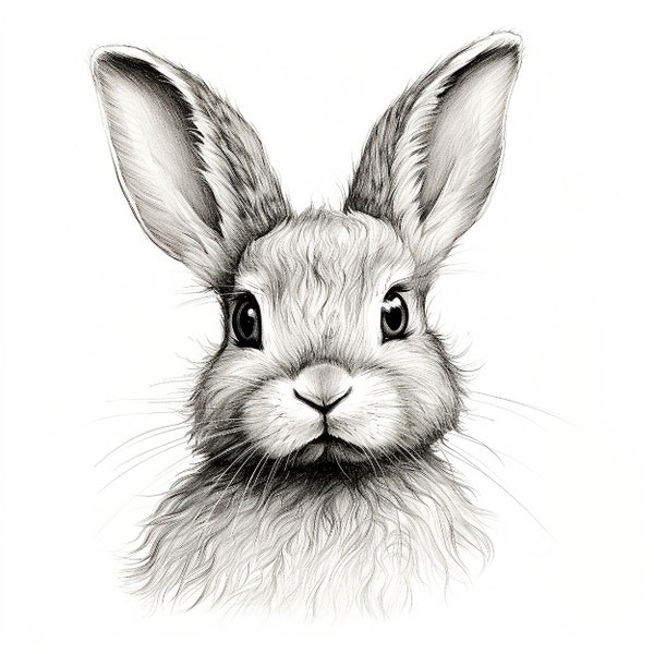 Niedliches Kaninchen Fine Line Bleistift Zeichnung, druckbare Clip-Art-Illustration, Wildtier Design zum Ausmalen, Tattoo, Abziehbild