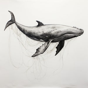 May include: A black and white drawing of a whale entangled in a net of fishing line. The whale is depicted in a swimming pose, with its tail and fins extended. The fishing line is drawn in a detailed and realistic manner, creating a sense of entrapment and vulnerability.