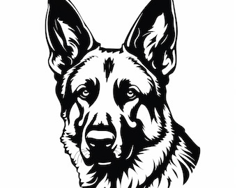 Puede incluir: Una ilustración gráfica en blanco y negro de alto contraste de la cabeza de un perro pastor alemán. El diseño presenta líneas audaces y formas negras sólidas para definir las facciones, las orejas puntiagudas y la textura del pelaje.