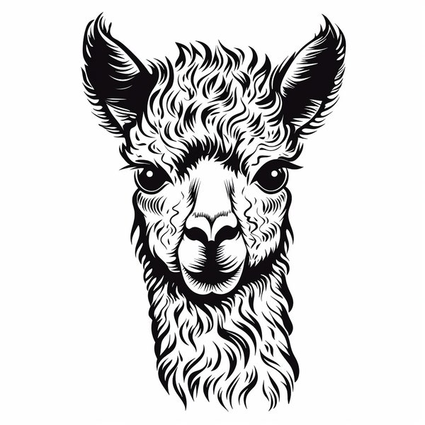 Alpaca Clip Art Illustration, Black line farm animal outline, printable design for wall decor, stencil, sticker, tattoo, decal