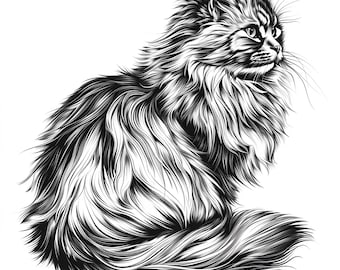 Longhair Cat Black Line Art: Stencil, Logo, Decal (Digital Download)