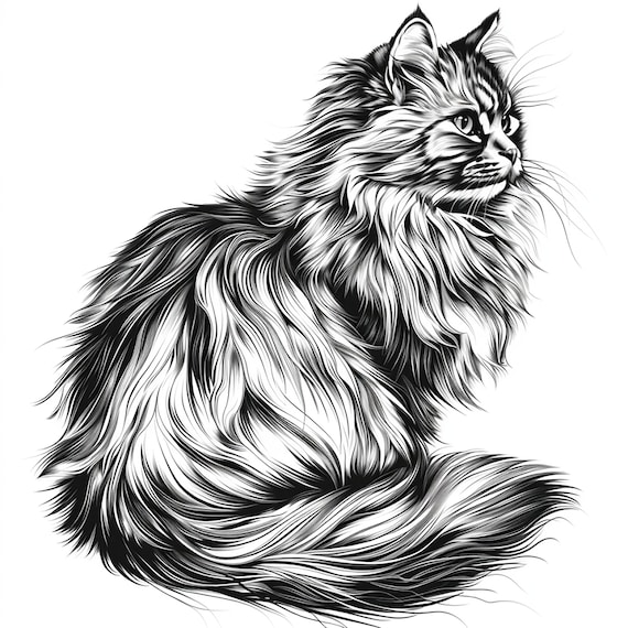 長毛猫の黒線画：ステンシル、ロゴ、デカール（デジタルダウンロード