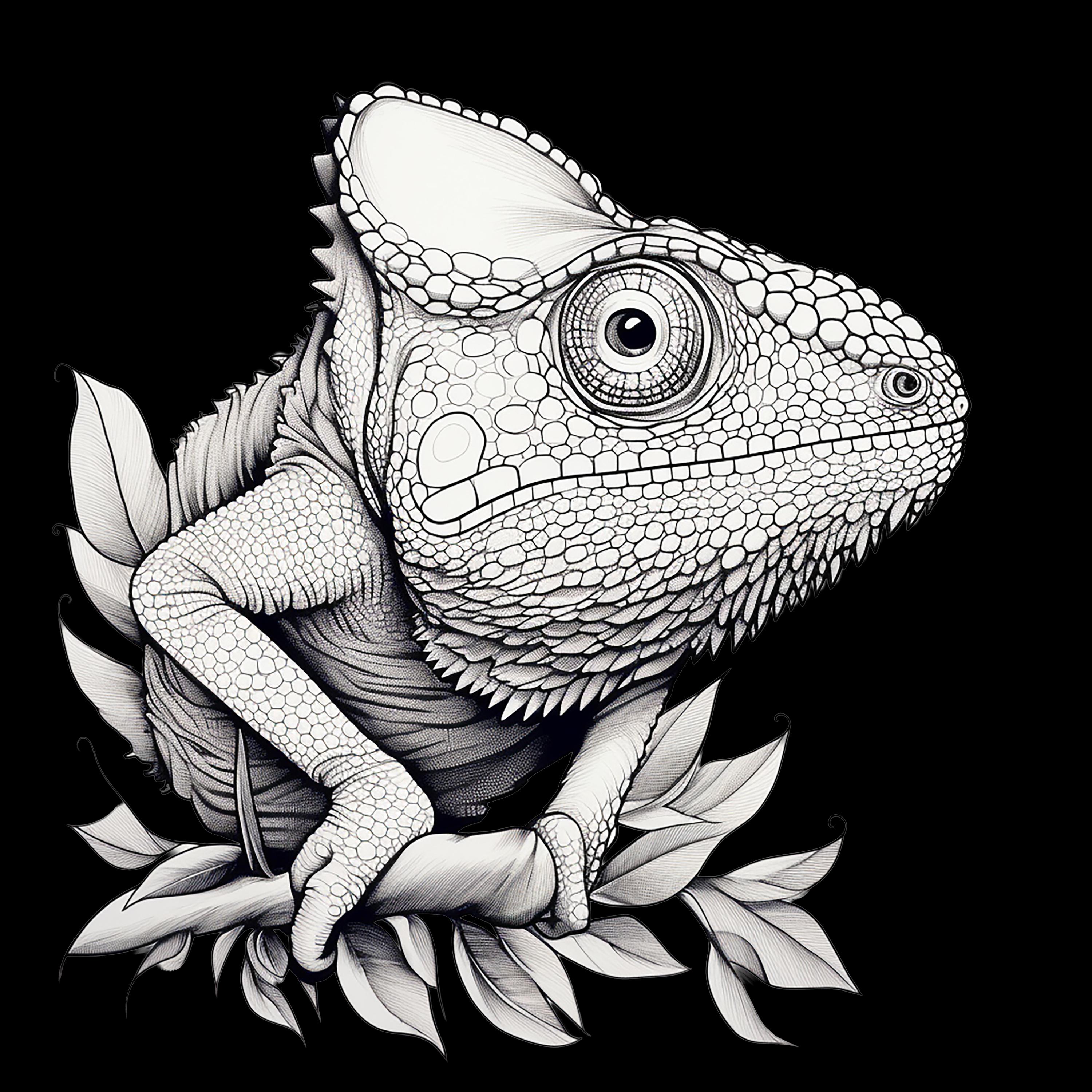 カメレオンの細線アートイラスト：印刷可能な動物の絵（デジタル